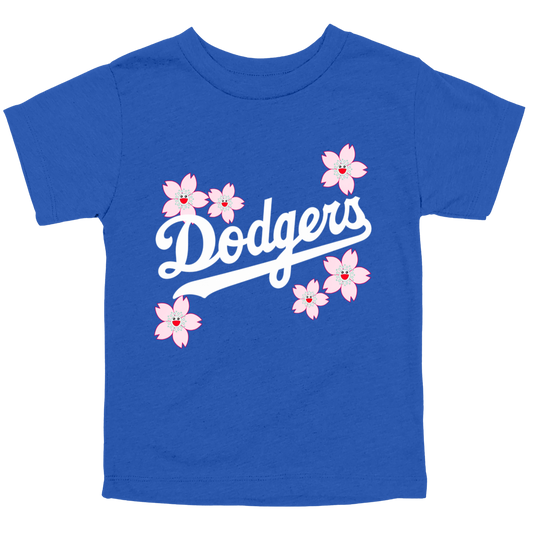 Blue t-shirt with 'Dodgers' logo and pink flowers on a white background