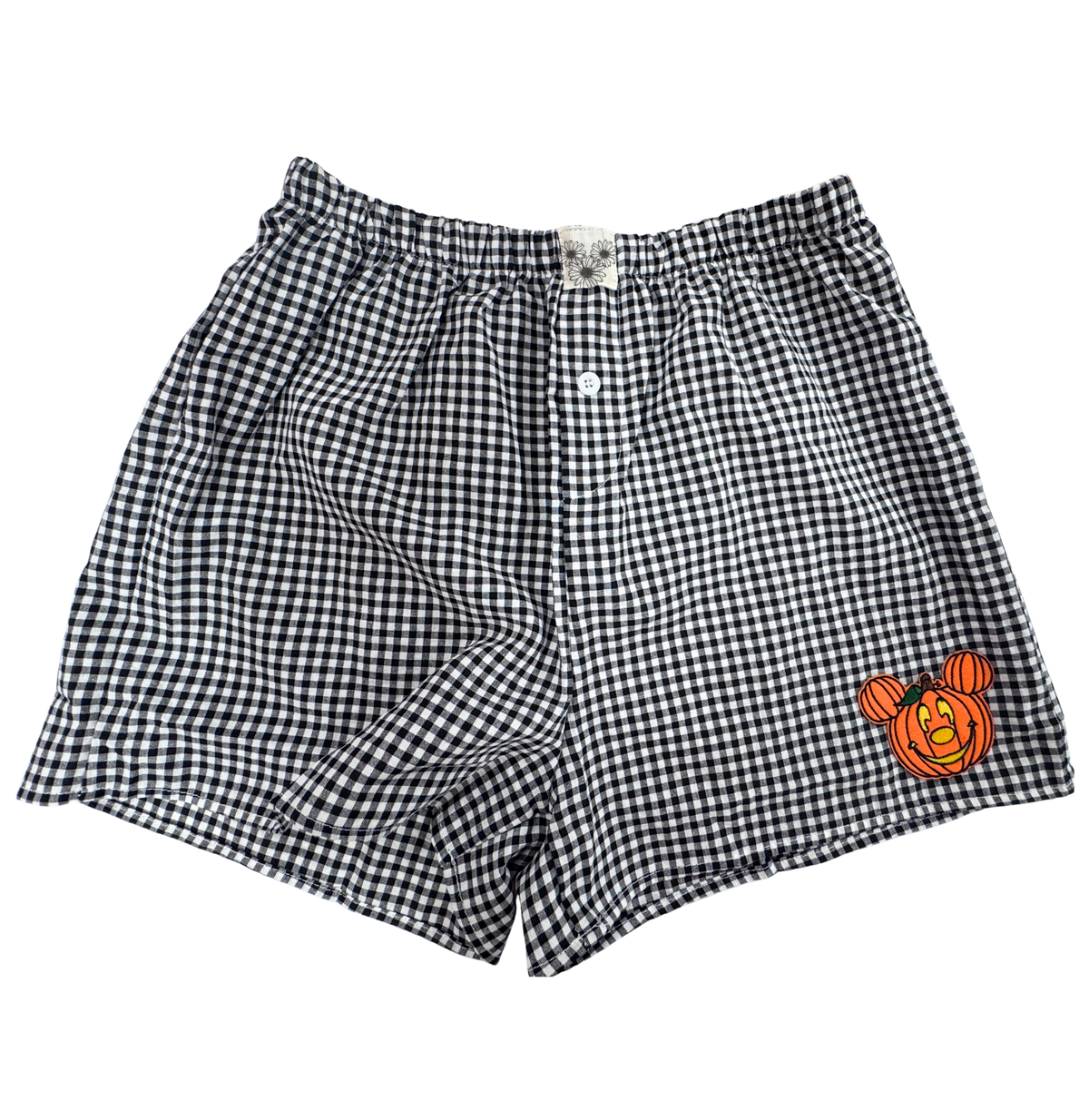 Black and white gingham check boxer shorts with a small orange Mickey Mouse graphic on the lower right leg, shown flat on a white background.
